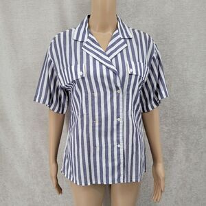 Pan-Her Women's Vtg Double Breasted Blue White Stripe Short Sleeve Blouse